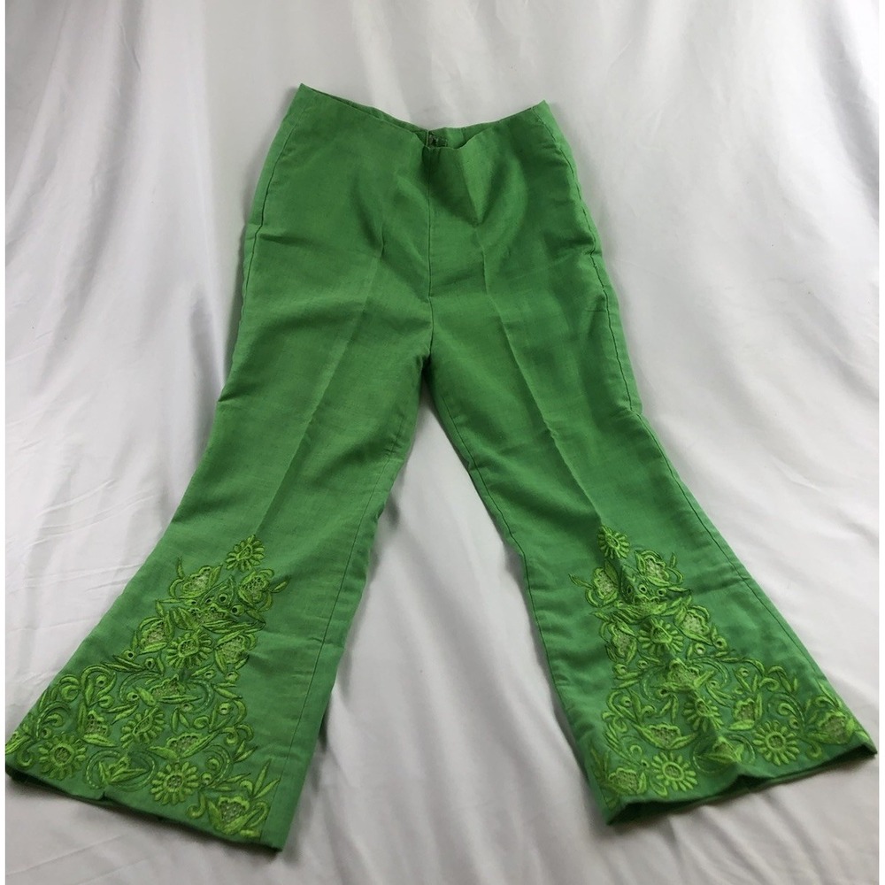 Vintage 1960s Handmade Mod Green Bell Bottom Pants Cutwork Embroidered Boho XS